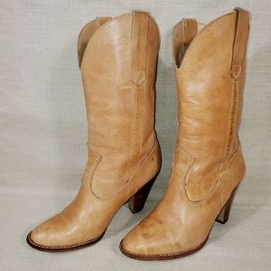 Women's Size 6B Genuine Tan Leather Western High Heeled Boots Made in Brazil